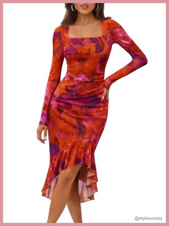 Dresses & Skirts - Women's Long Sleeve Bodycon Midi Dress Square Neck Ruched Side Mesh Floral